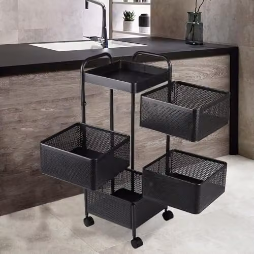Hygrad Built to Survive 4 Tier Rolling Metal Mesh Storage Basket Organizer in Black – 1