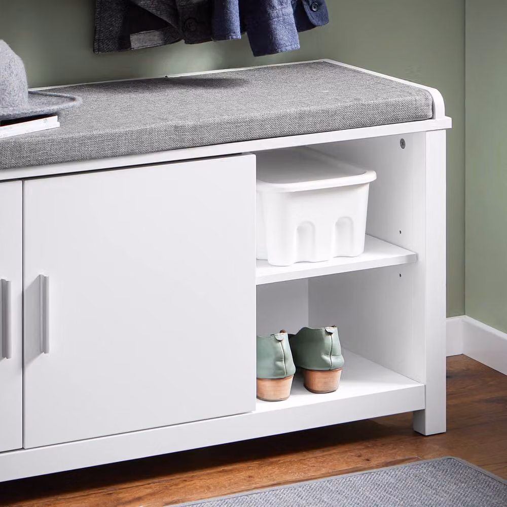 SoBuy Modern Shoe Cabinet Bench with Grey Fabric Cushioned Seat in White – 5