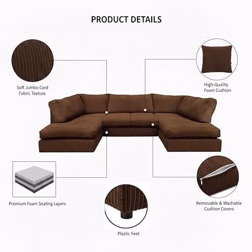 SofaSelection Jumbo Cord U-Shape Modular Sofa in Brown with Memory Foam and Birch Frame, W/D/H: 300 x 164 x 90 cm – 3