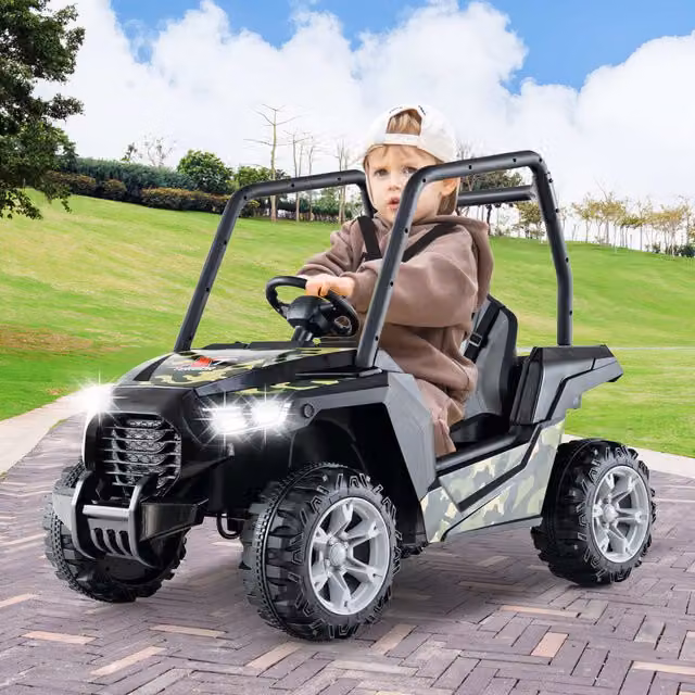 Costway Kids Electric UTV Ride On Vehicle in Green with Light and Sound and Rechargeable Battery