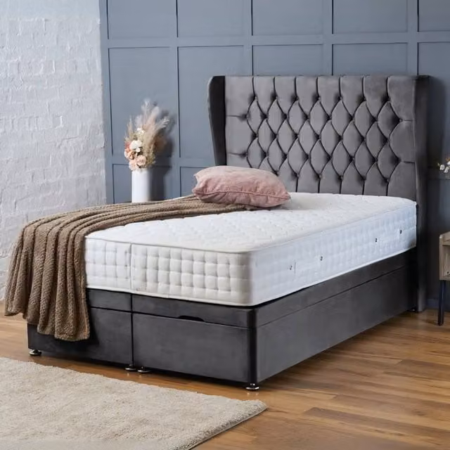 BSSPOKE Amelia Ottoman Divan Bed with 54 inch Headboard and Mattress in Charcoal Grey Plush Velvet, W/D/H: 90 x 190 cm