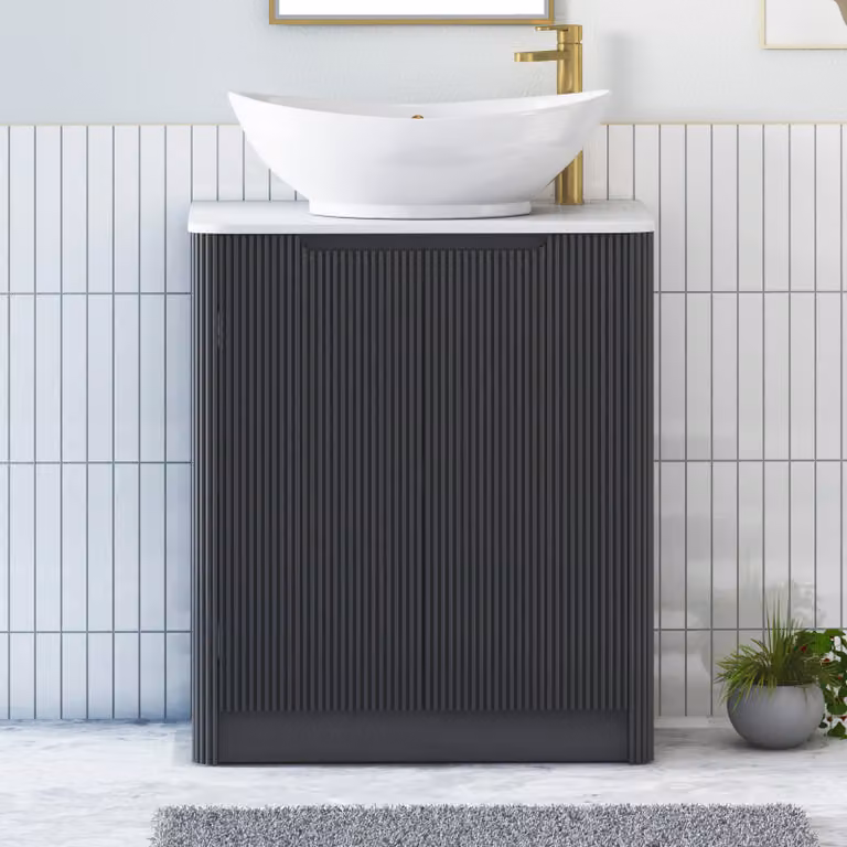 Royal Bathrooms Avenza 800mm Floor Standing 2 Door Vanity Unit in Matt Obsidian Black with Plain White Worktop and Amaze Basin