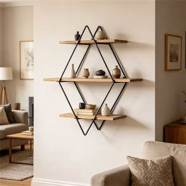 KORVIXA Geometric Floating Shelves in Brown, Modern Wood and Metal Wall Mounted Decorative Rack Holder, W/H: 100 x 100 cm