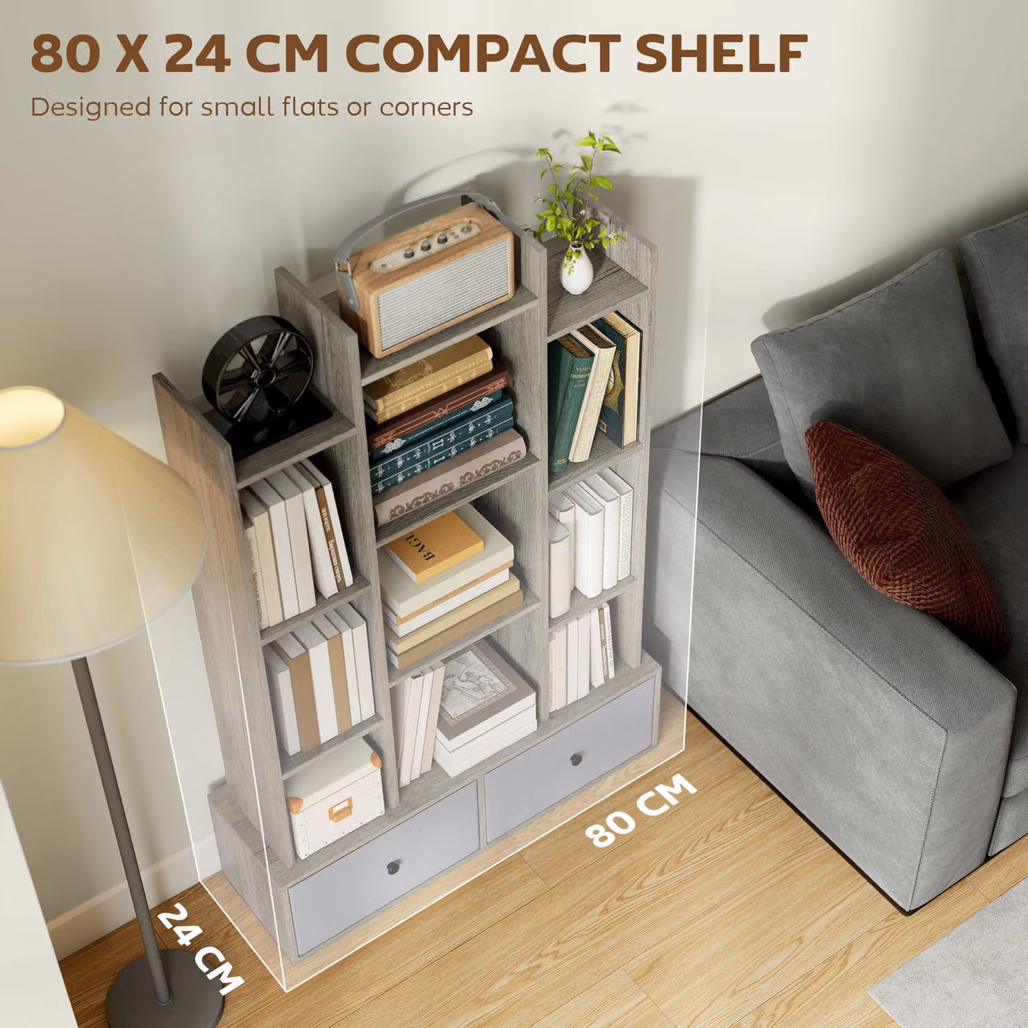HOMCOM 12 Shelf Storage Unit with Drawers in Grey Wood Effect, H 124 x W 80 x D 24 cm – 4
