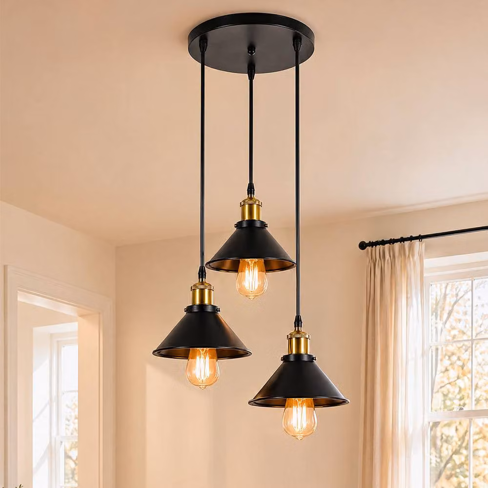 Emitto Industrial 3-Light Pendant Light, Height Adjustable Metal Ceiling Lamp in Black and Gold/Brass – 3