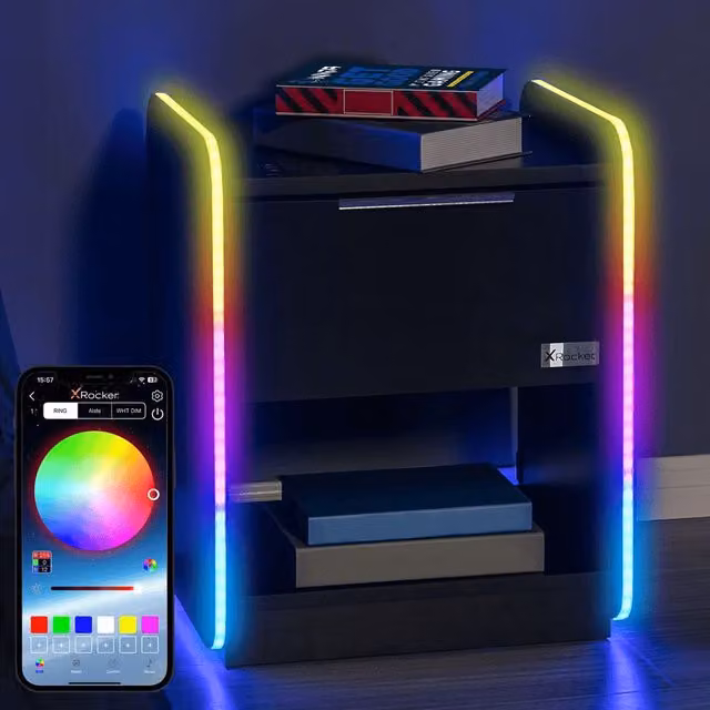X Rocker Electra Bedside Table with Drawer and RGB LED Lighting in Black, W/D/H: 45 x 40 x 55.5 cm