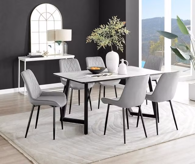 FurnitureboxUK Carson White Marble Effect Dining Table and 6 Pesaro Black Leg Chairs in Grey – 1