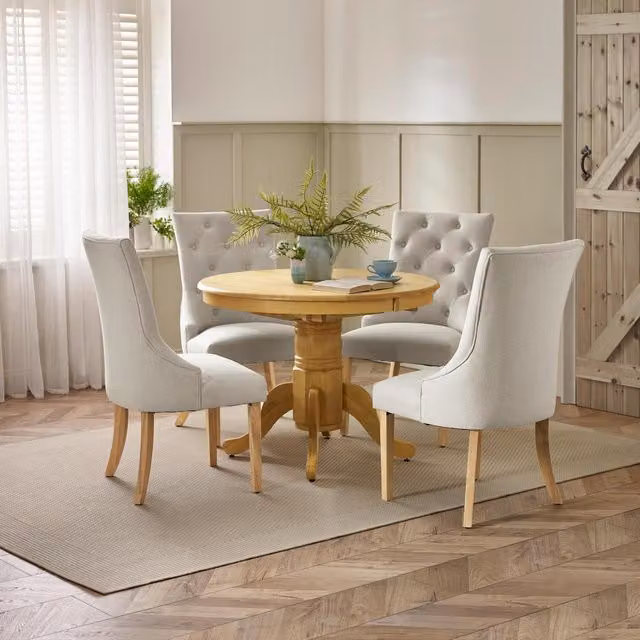 FurnitureboxUK Padstow Round Extending Wooden Dining Table and 4 Belgravia Chairs in Brown and Beige