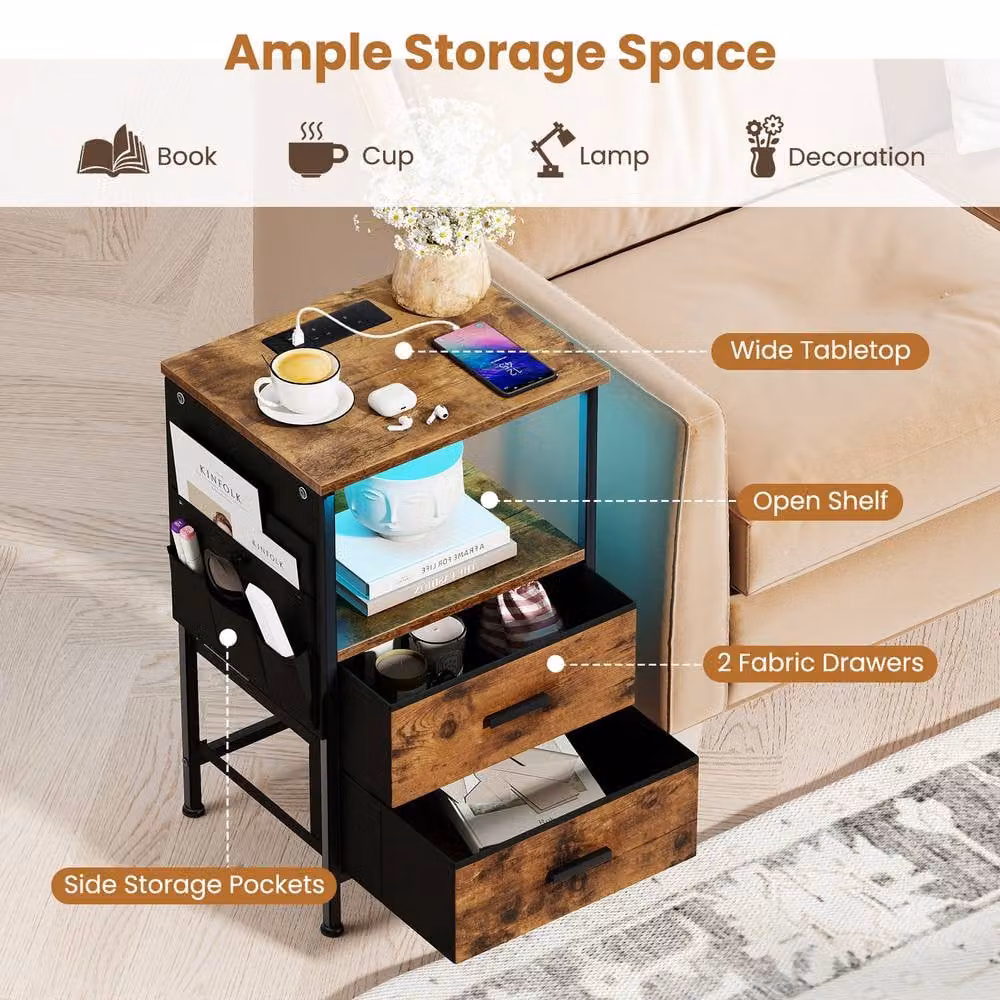 Gymax Brown Industrial Nightstand End Table with Charging Station, 2 Drawers and Integrated LED Lights – 3