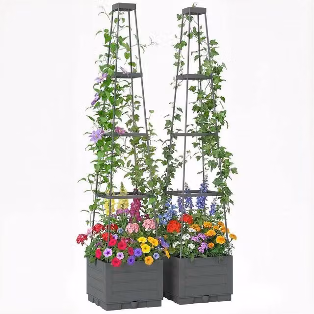 NESTLUNE 2 Pack Grey Raised Garden Beds with Trellis and Removable Drainage Trays – 1