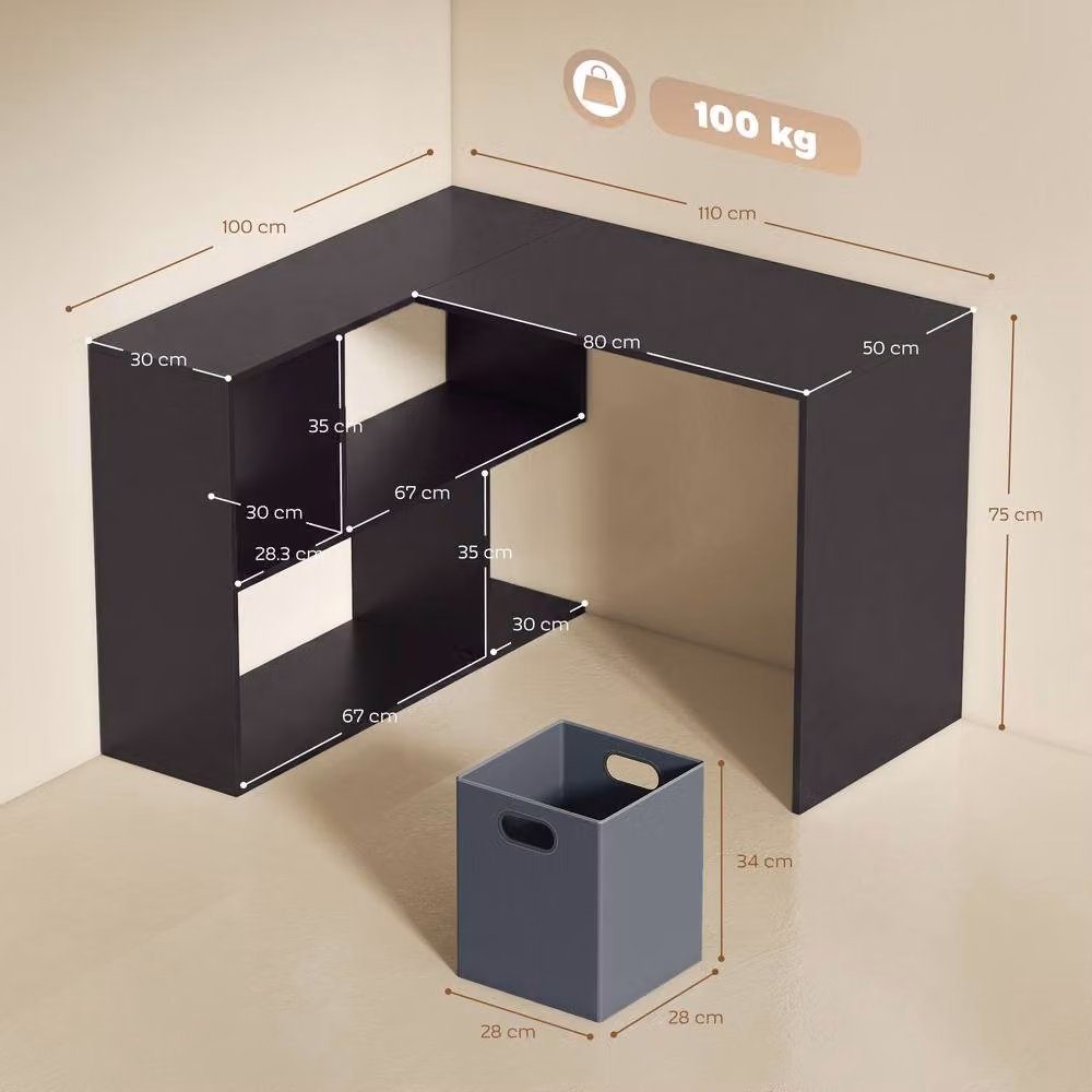 HOMCOM Modern L-Shaped Corner Desk with Fabric Drawer in Black – 3