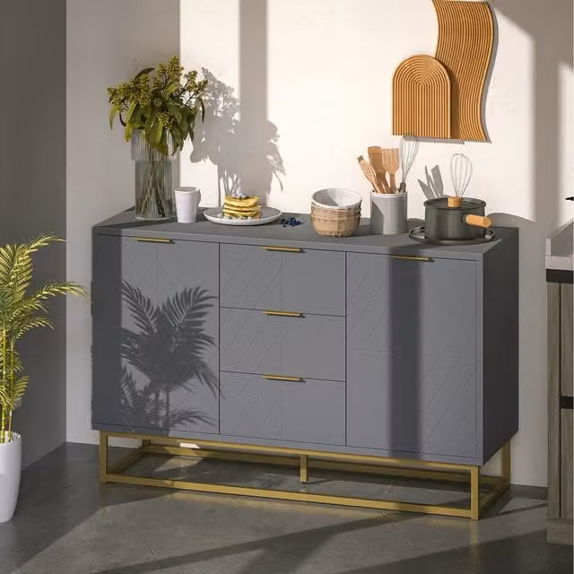 HOMCOM Modern Grey Storage Cabinet with 3 Drawers and Gold Accents