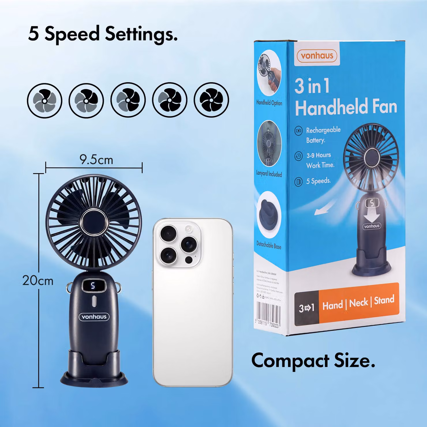 VonHaus Rechargeable Mini Handheld Fan in Blue – 5