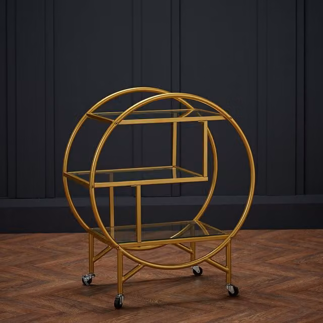LPD Home Dixie Glamour Drinks Trolley in Gold with Glass Shelves and Castors