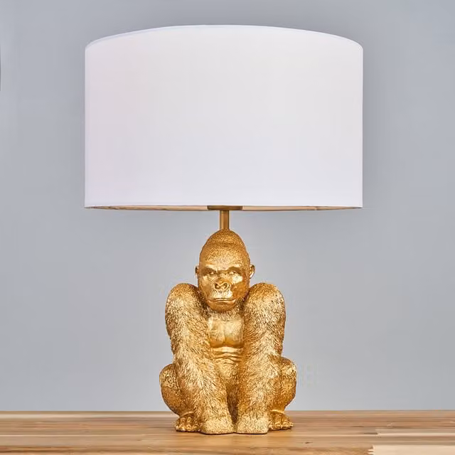 ValueLights Sitting Gorilla Table Lamp in Gold/Brass with White Fabric Cylinder Shade, Height: 48 cm