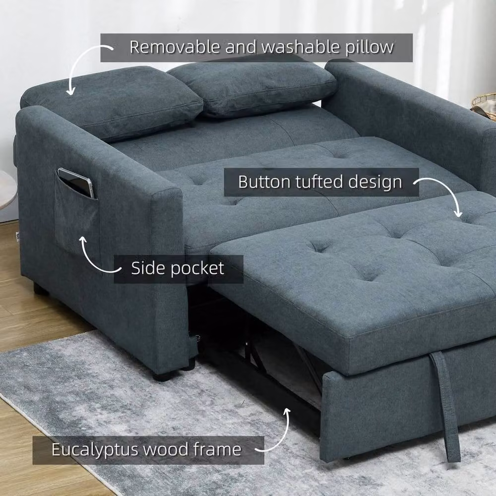 FORGEVIO 2 Seater Blue Fabric Convertible Sofa Bed with Scatter Cushions and Solid Wood Frame – 3