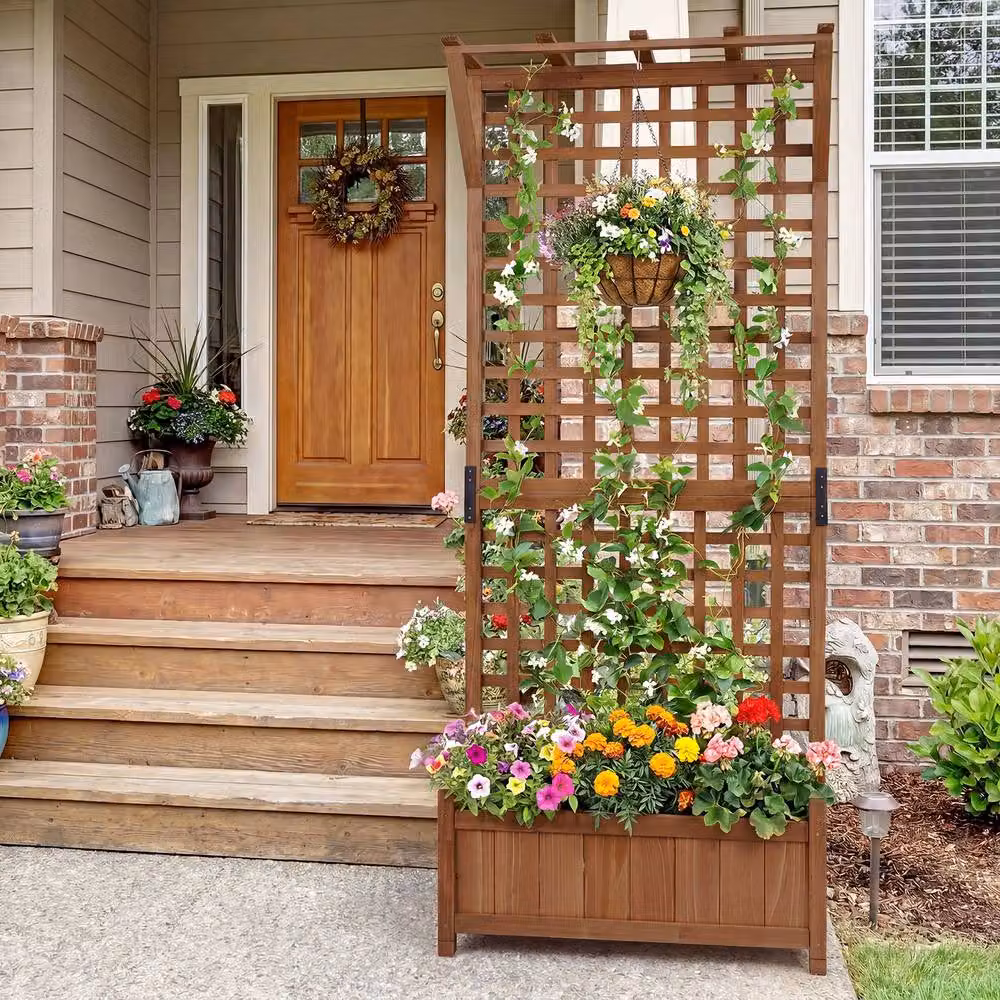 Costway Brown Wooden Raised Garden Bed with Hanging Roof and Trellis Fir Wood Planter Box – 4