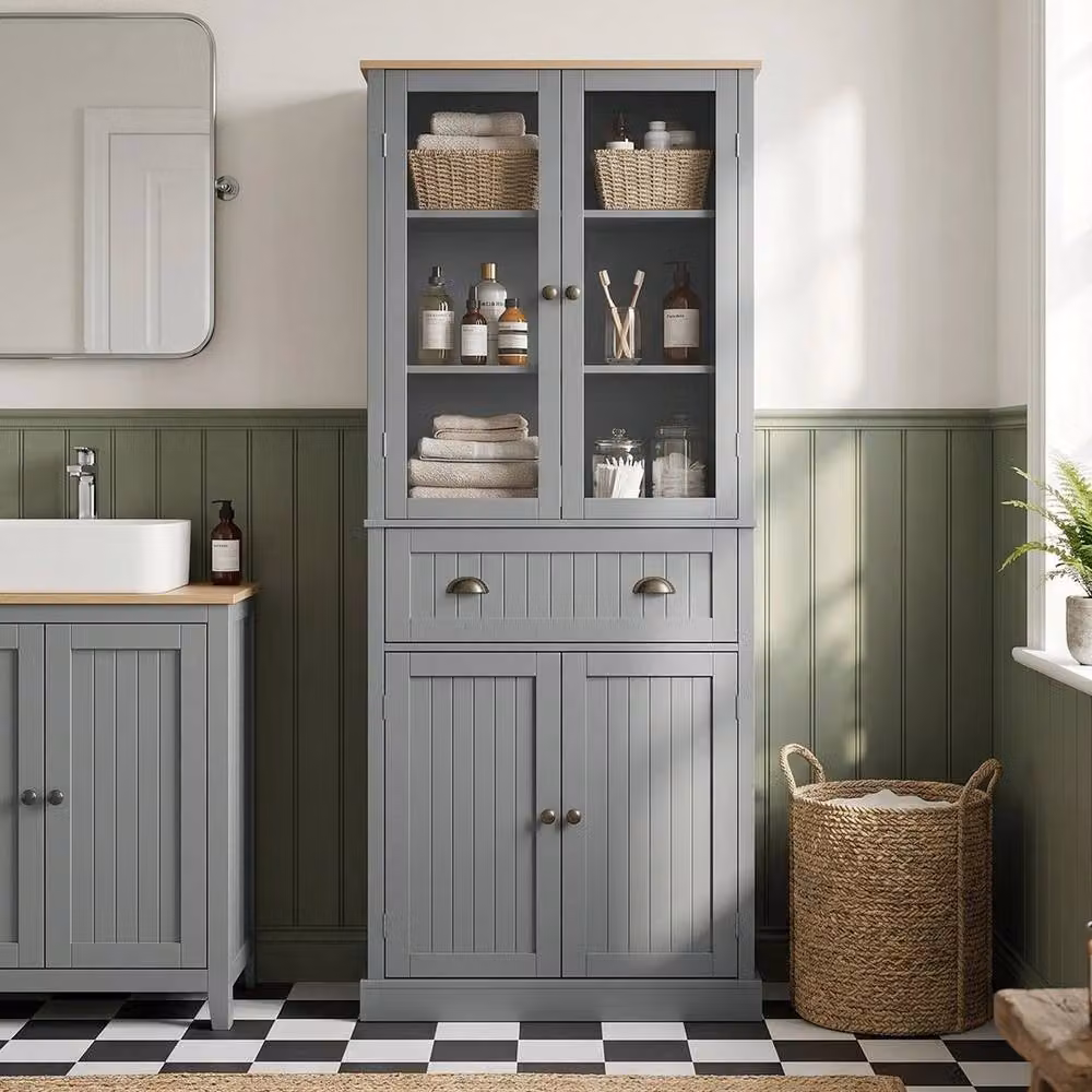 FORGEVIO Tall Kitchen Storage Cabinet with Glass Doors in Grey, W/D/H: 40.0 x 76.0 x 182.5 cm – 3