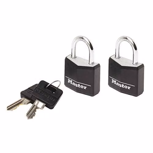 Master Lock Pack of 2 Aluminium Key Padlocks with Vinyl Cover, Black, W/D/H: 3.4 x 1.4 x 3.4 cm – 1