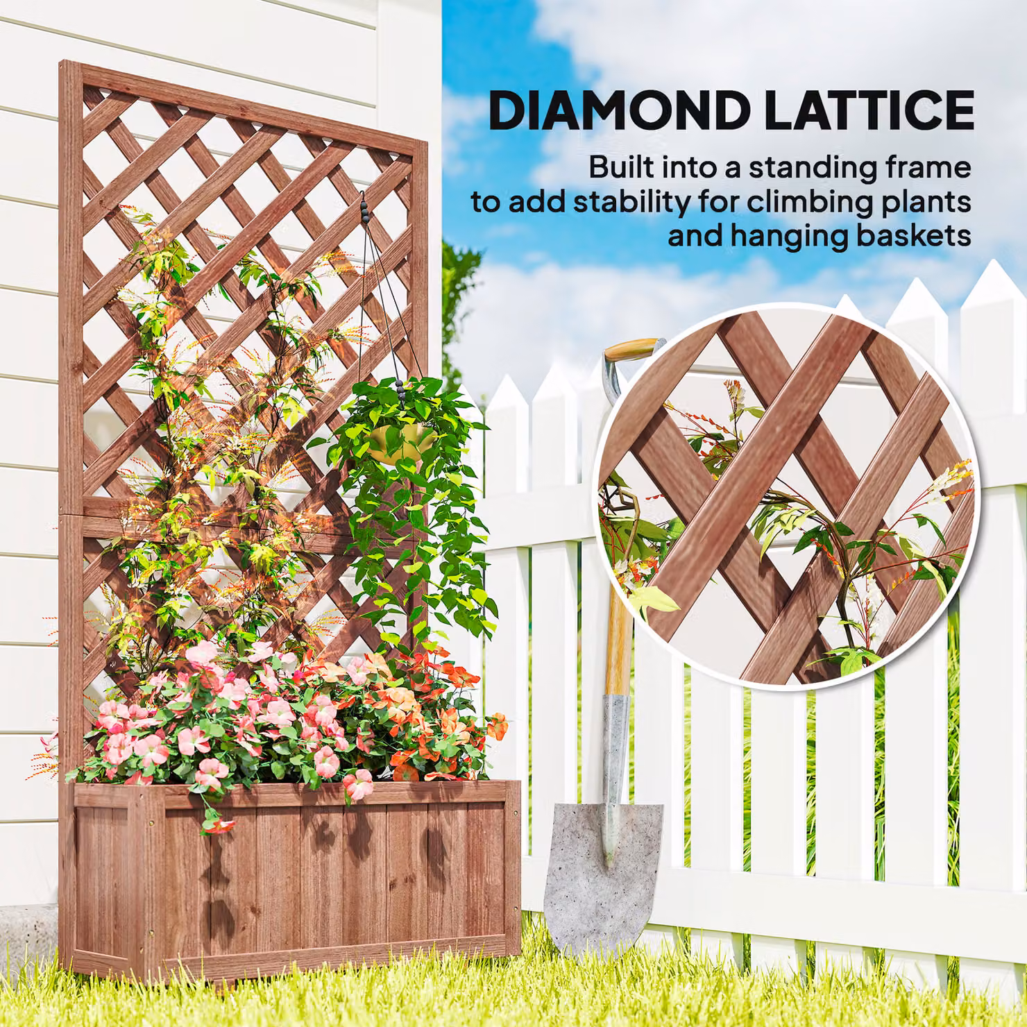 Outsunny Brown Wooden Pine Trough Planter with Trellis for Climbing Plants and Flowers, W: 149.5 cm, D: 31.5 cm, H: 72.5 cm – 4