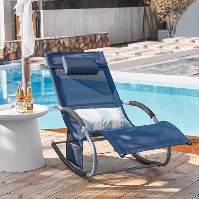 SoBuy Outdoor Garden Rocking Sun Lounger Recliner with Adjustable Headrest and Armrests in Blue