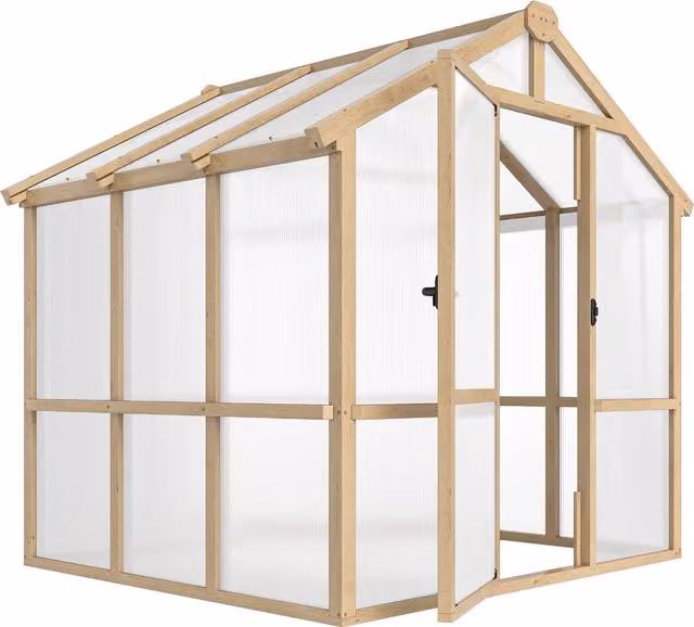 Outsunny Brown Wooden Walk-in Polycarbonate Greenhouse with Lockable Door and Window