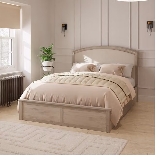 GFW Madrid Ottoman Bed with Upholstered Fabric Headboard in Beige and Oak, W/D/H: 140 x 200 cm