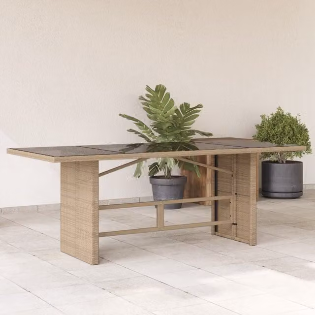 Berkfield Home Modern Poly Rattan Garden Table with Glass Top, Beige, W/D/H: 190 x 80 x 74 cm