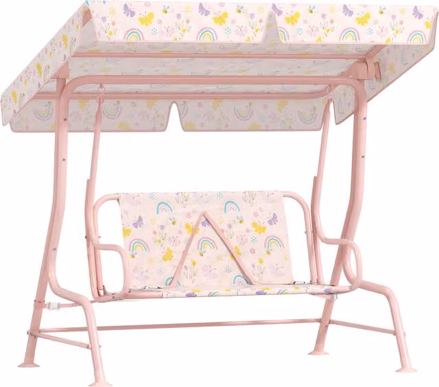 AIYAPLAY Kids Garden Swing Chair with Adjustable Canopy and Safety Belt, 2 Seater Hammock Swing Bench for Patio and Porch, Pink and Multicolour – 1