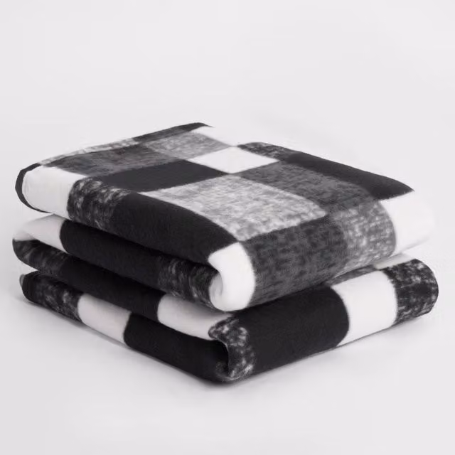 OHS Black Tartan Check Fleece Throw Blanket, W 200 cm x D 240 cm