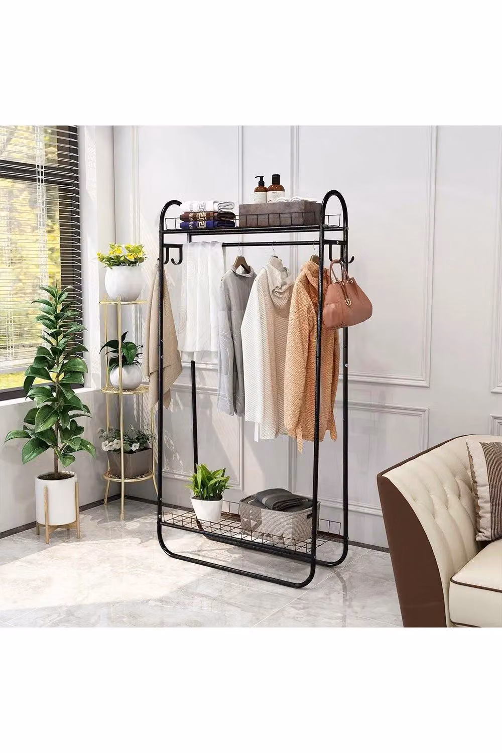 H&O Direct Matt Black Metal Dual Hook and Rail Clothes Rack – 2