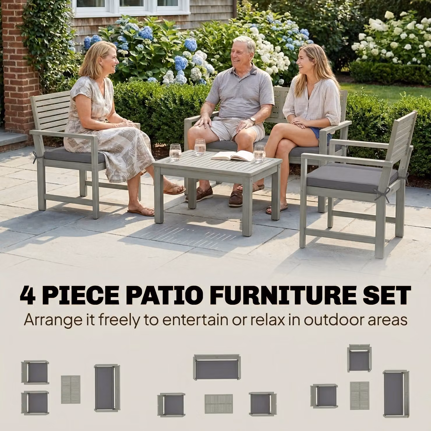 Outsunny 4 Seater Acacia Wood Garden Furniture Set in Light Grey with Loveseat, Armchairs, Coffee Table and Cushions – 4