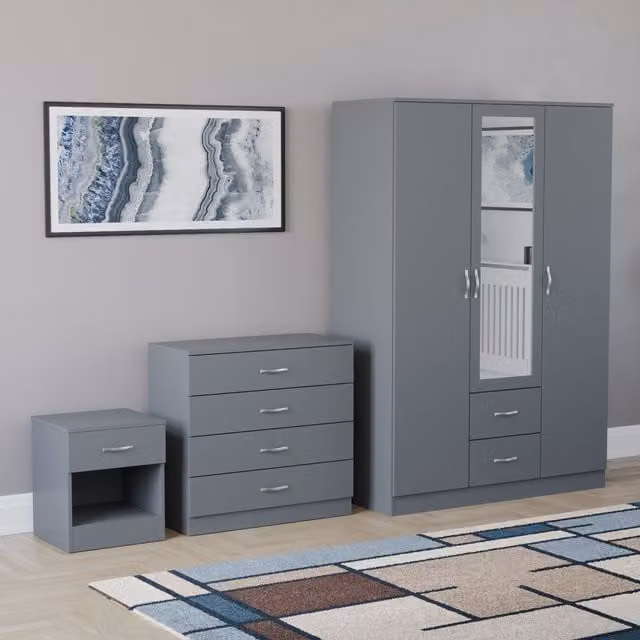 Vida Designs 3 Piece Modern Grey Bedroom Set Including Bedside Table, 4 Drawer Chest and Mirror Wardrobe