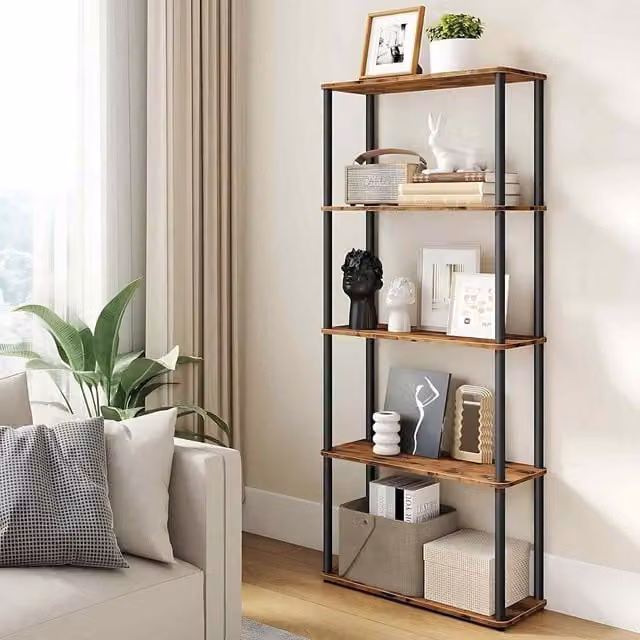 The Bazaarist 5 Tier Industrial Storage Shelf with Adjustable Shelves in Rustic Brown and Ink Black