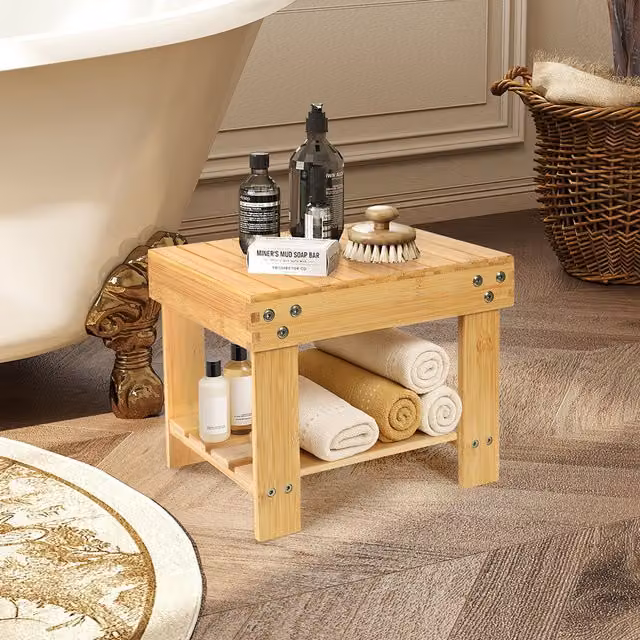 Levede Bamboo Slatted Storage Stool Bench in Yellow and Beige, W/D/H: 67.3 x 56.6 x 56.6 cm