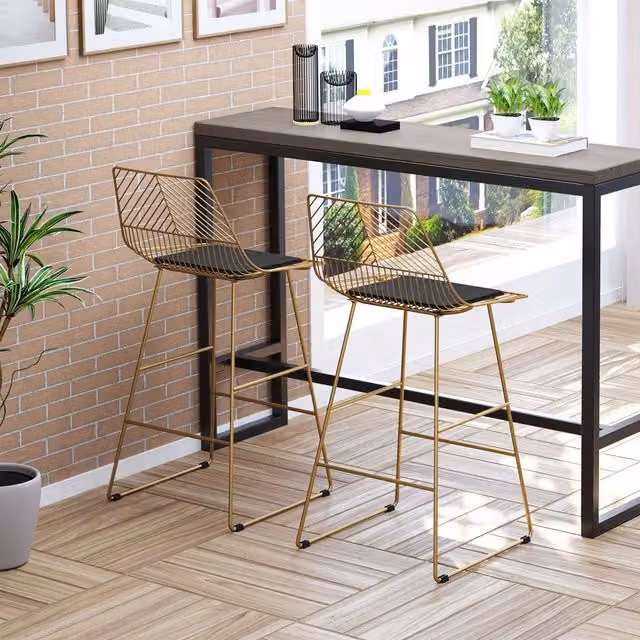 HOMCOM Set of 2 Modern Counter Height Bar Stools in Gold with Geometric Metal Design – 1