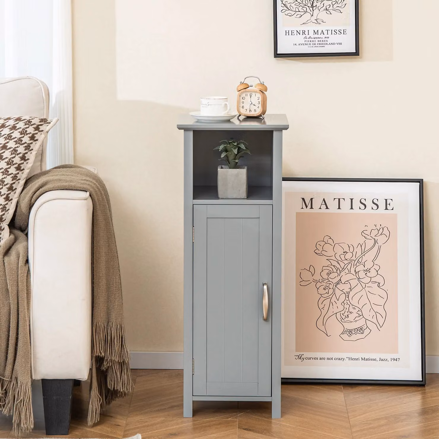 Costway Grey Freestanding Narrow Bathroom Floor Cabinet with Hinged Doors and Internal Shelves – 2