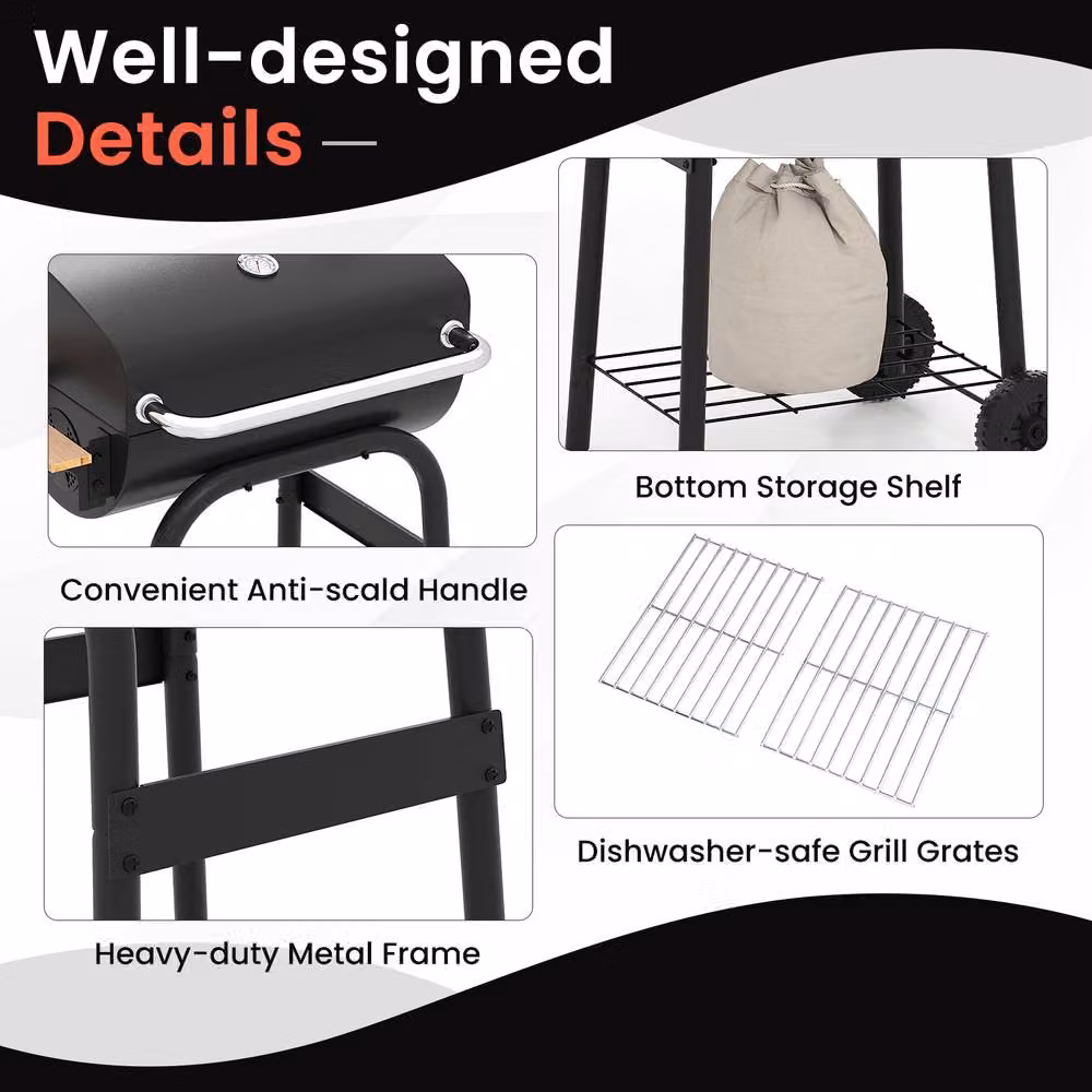 Gymax Portable Charcoal Barrel Grill with Foldable Side Table and Wheels, Black, W/D/H: 110 x 60 x 60 cm – 2
