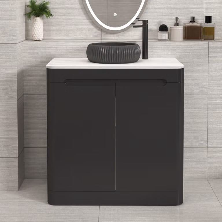 Royal Bathrooms Venice 800mm Matt Nocturne Black Floor Standing 2 Door Vanity Unit with Milan Black Basin