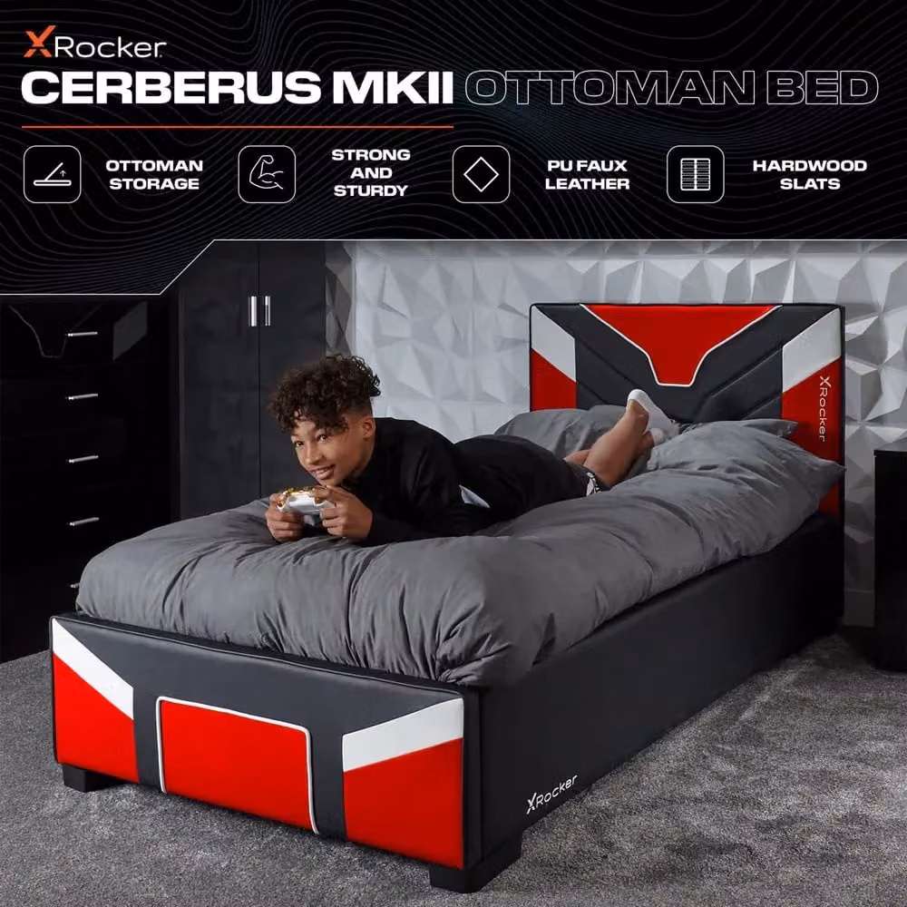 X Rocker Cerberus Red Faux Leather Upholstered Gaming Ottoman Bed for Kids and Teens, W/D/H: 140 x 200 cm – 2