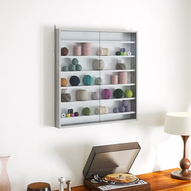 HOMCOM Wall Mounted Display Shelf Cabinet with Glass Doors in Grey and White