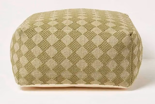 Homescapes Lima Handwoven Textured Cotton Bean Cube Pouffe in Green, W/D/H: 55 x 55 x 30 cm