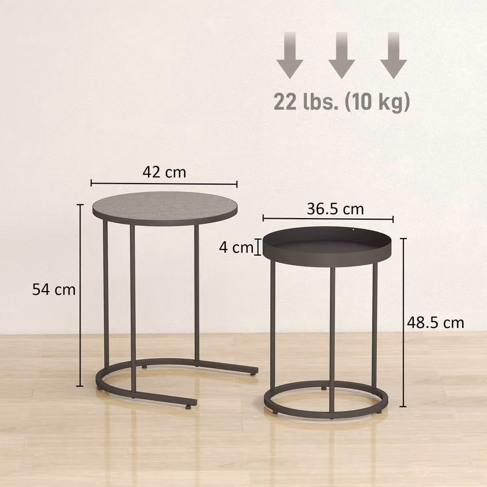 HOMCOM Set of 2 Industrial Round Nesting Side Tables in Grey – 3