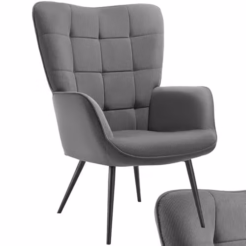 tectake Scandinavian Style Corduroy Armchair with Foam Padding and Steel Legs in Anthracite/Black, W: 76 cm, D: 72 cm, H: 100.5 cm