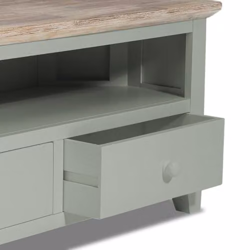Statement Furniture Florence Wooden Corner TV Stand in Sage Green with Acacia Hardwood Top, 2 Drawers and Shelf, W: 108 cm, H: 50 cm, D: 40 cm – 2