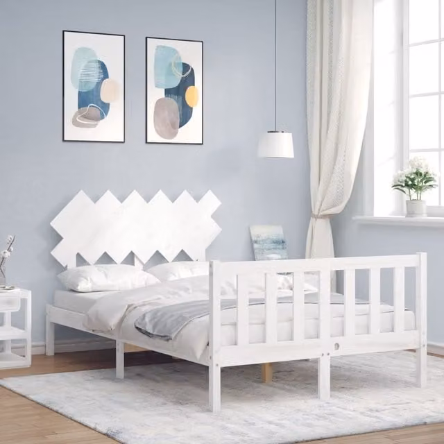 Berkfield Home Solid Wood Bed Frame with Headboard in White, W/D/H: 120 x 200 cm – 1