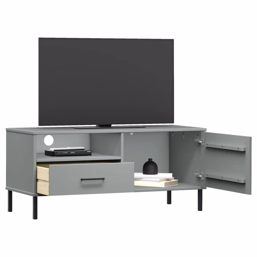 Berkfield Home Oslo Rustic Grey Solid Pine TV Cabinet with Metal Legs – 3