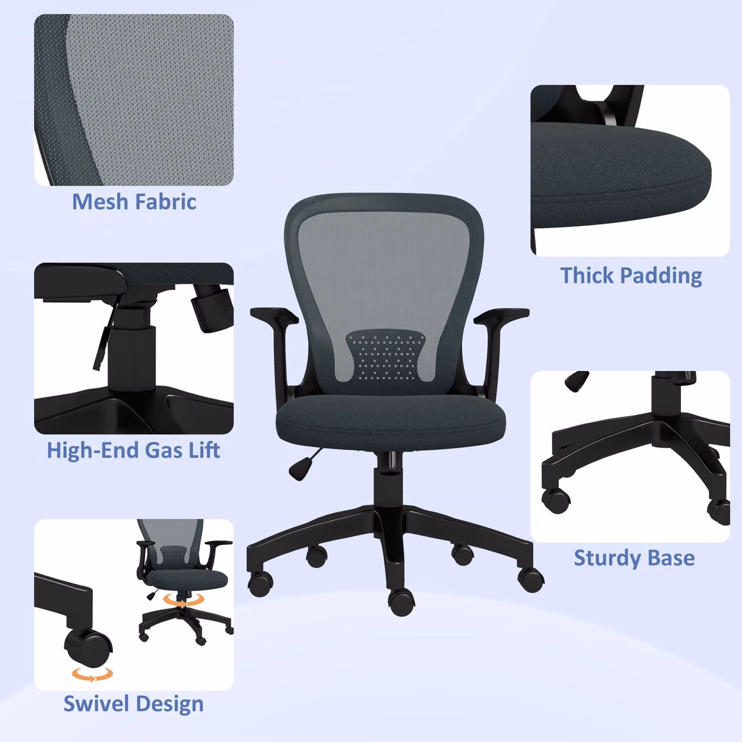 Vinsetto Ergonomic Office Chair in Grey Fabric with Armrests and Castors – 7