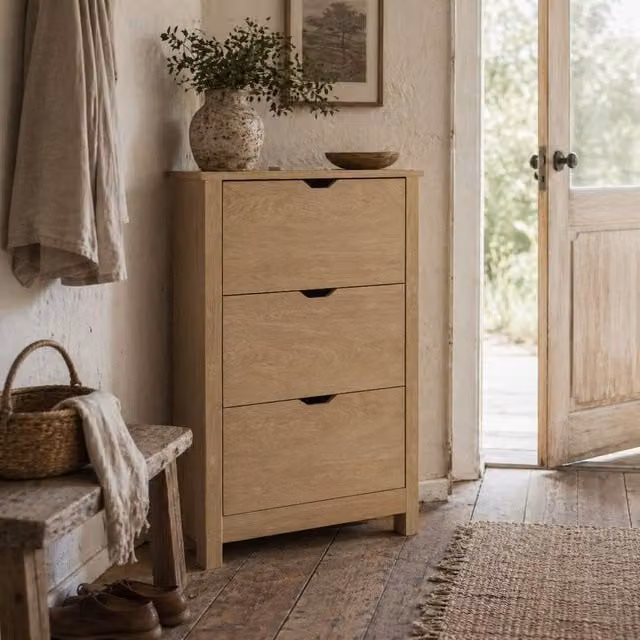 Wyld Haus Nesela Slim Shoe Cabinet in Natural Wood Finish with 3 Tilting Compartments, H 112 x W 26 x D 34 cm