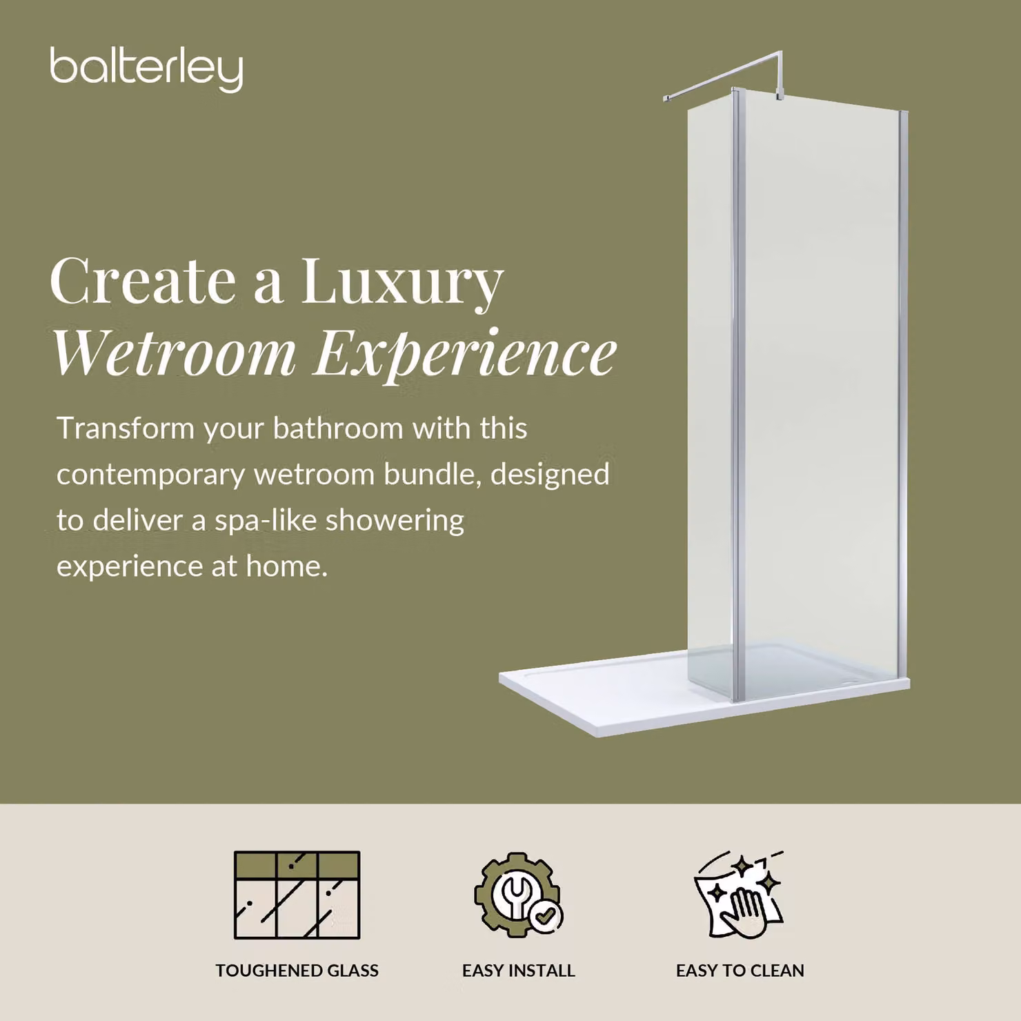 Balterley 8mm Glass Walk-In Wetroom Screen and Return with Tray, Silver and Transparent, W: 120 cm, D: 90 cm, H: 195 cm – 3